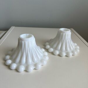 2 Pairs of Lovely Milk Glass Candlestick Holders Anchor Hocking Fenton Hobnail